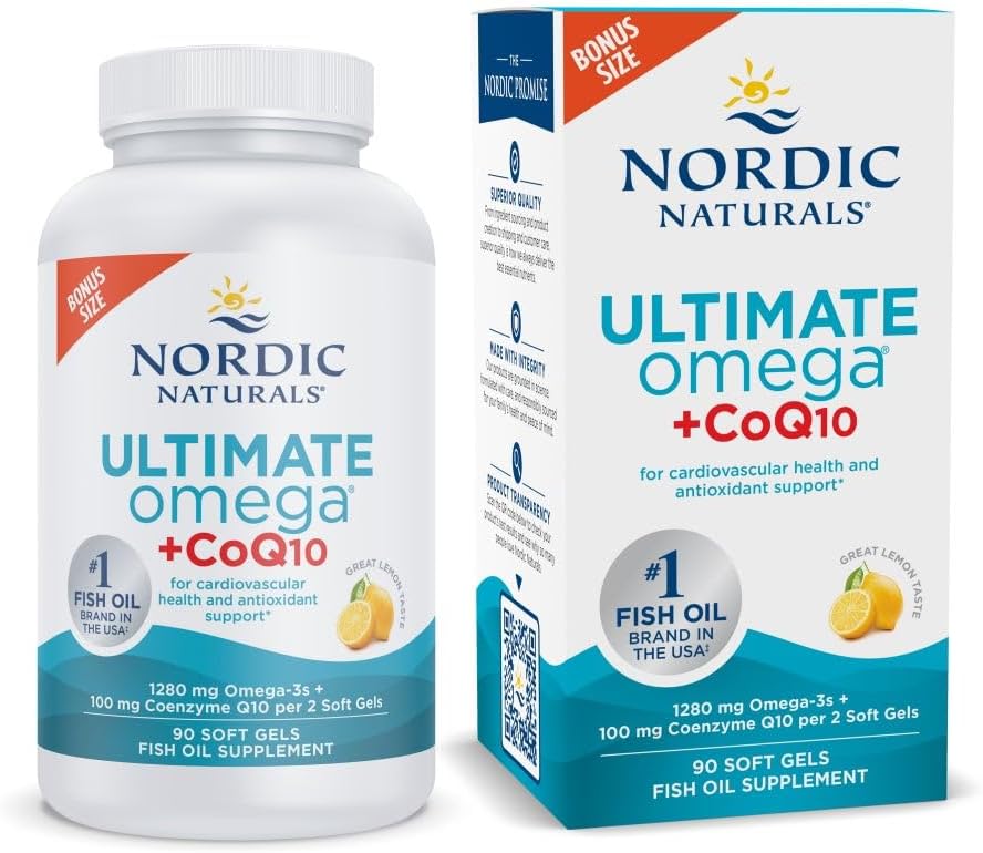 Nordic Naturals Ultimate Omega + CoQ10, Lemon - 90 Soft Gels - 1280 mg Omega-3 + 100 mg CoQ10 - Heart Health, Cellular Energy, Antioxidant Support - Non-GMO - 45 Servings