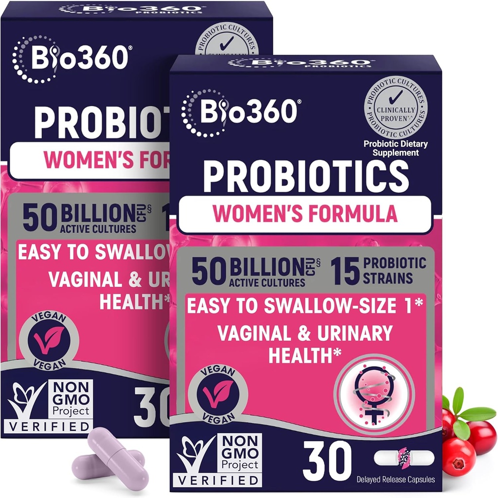 Bio360 Probiotiques pour les femmes Vaginigal Health - soutient l'équilibre du pH, la santé vaginale, urinaire et digestive - 50 milliards CFU et 15 souches uniques pour la santé de l'odeur vaginale et la flore vaginale - Étagère stable