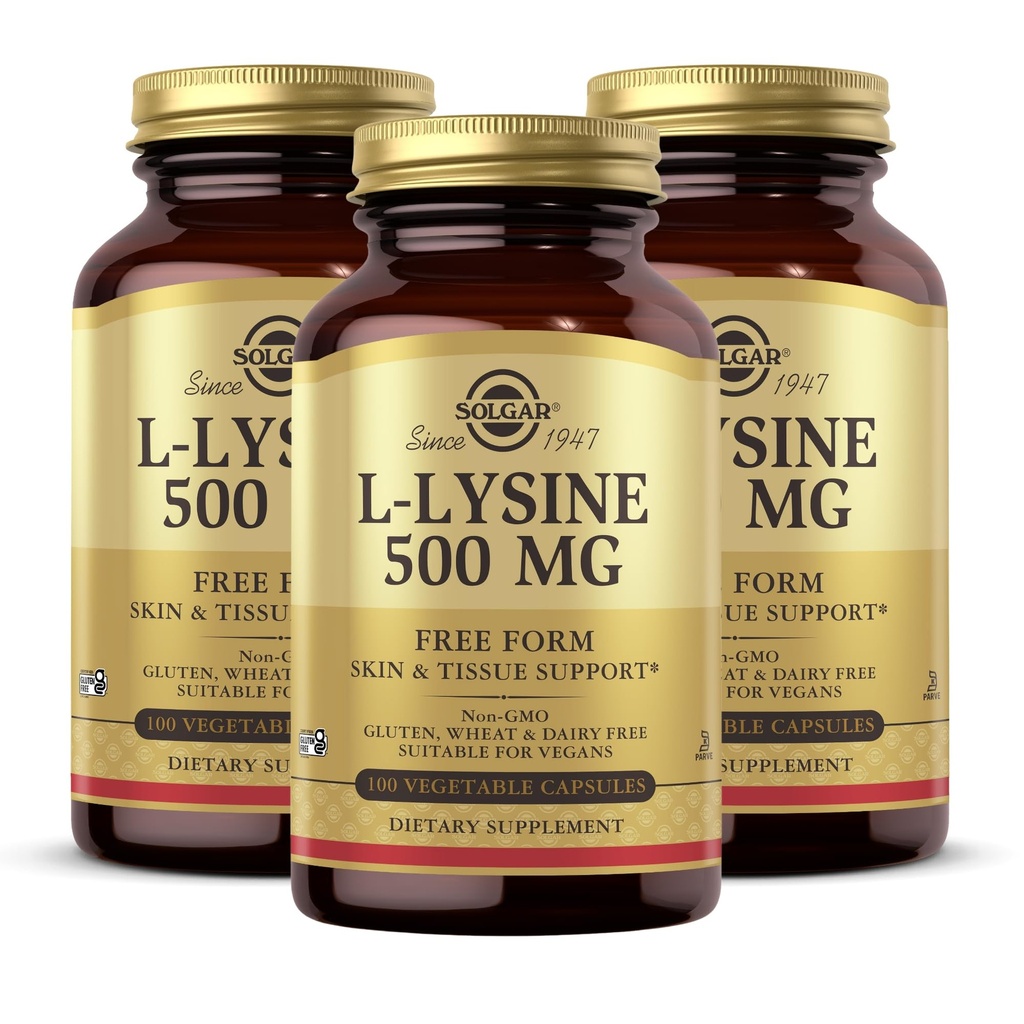 Solgar L-Lysine 500 mg - 100 capsules végétales, boîte de 3 - Support pour la peau et les tissus - Non-OGM, Vegan, Casher, Sans gluten - 300 portions totales