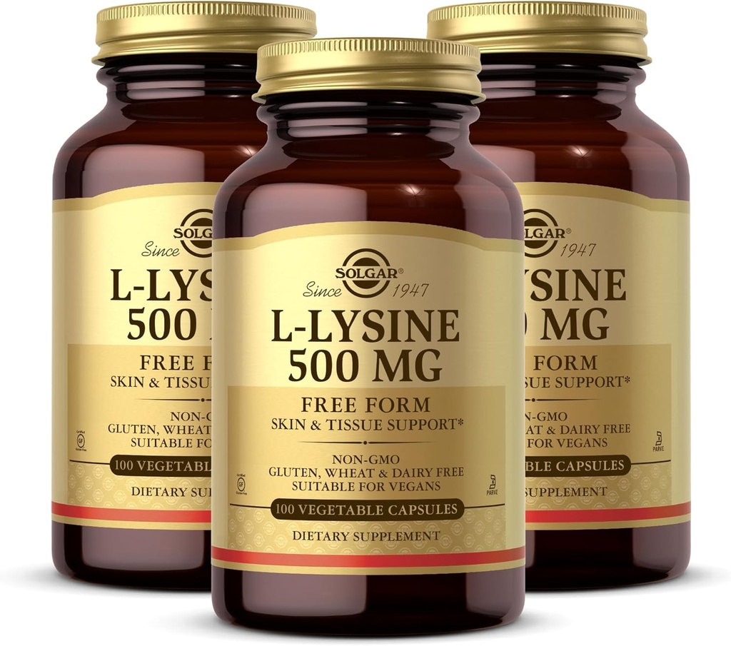 Solgar L-Lysine 500 mg - 100 capsules végétales, boîte de 3 - Support pour la peau et les tissus - Non-OGM, Vegan, Casher, Sans gluten - 300 portions totales