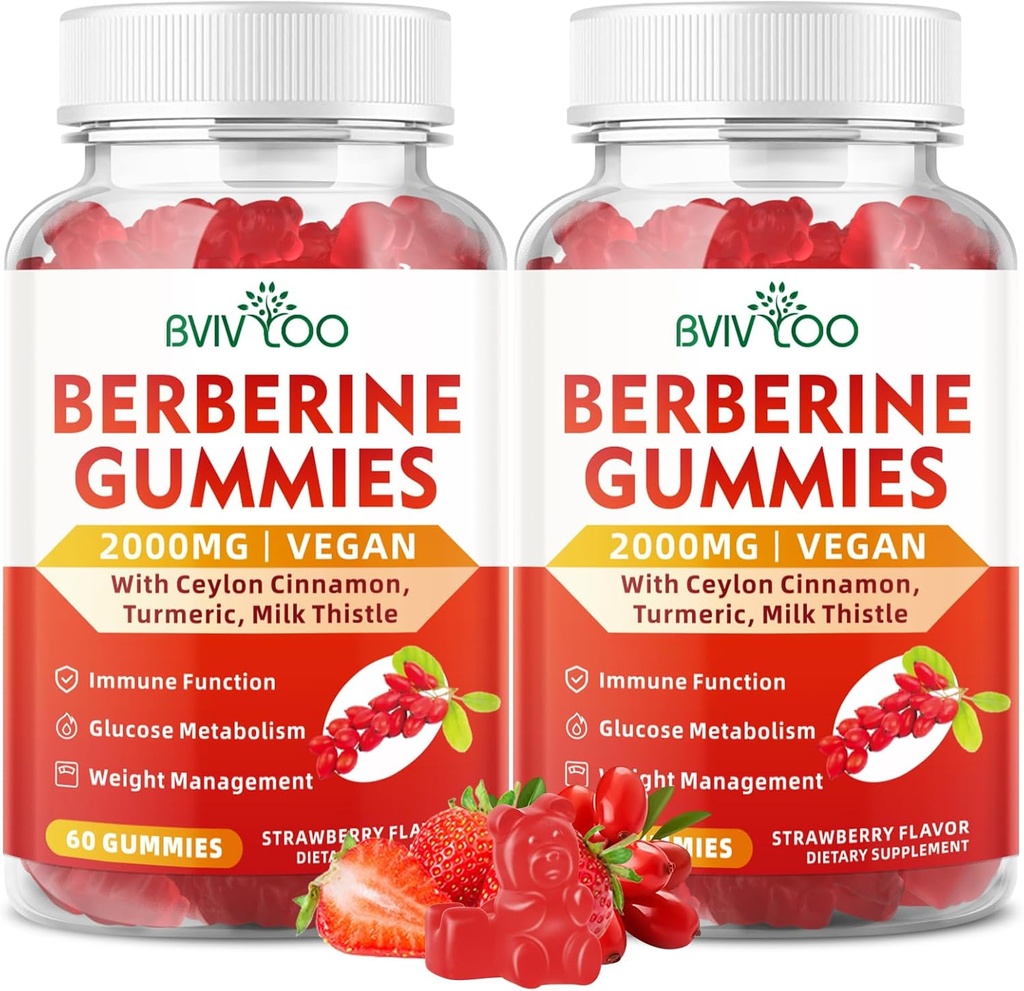 2 Packs Gommies berbères, sans sucre 2000mg Supplément HCI berbères à haute puissance, plus Ceylan cannelle, chardon de lait pour les femmes et les hommes, système immunitaire et soutien du métabolisme - 120 Gommies