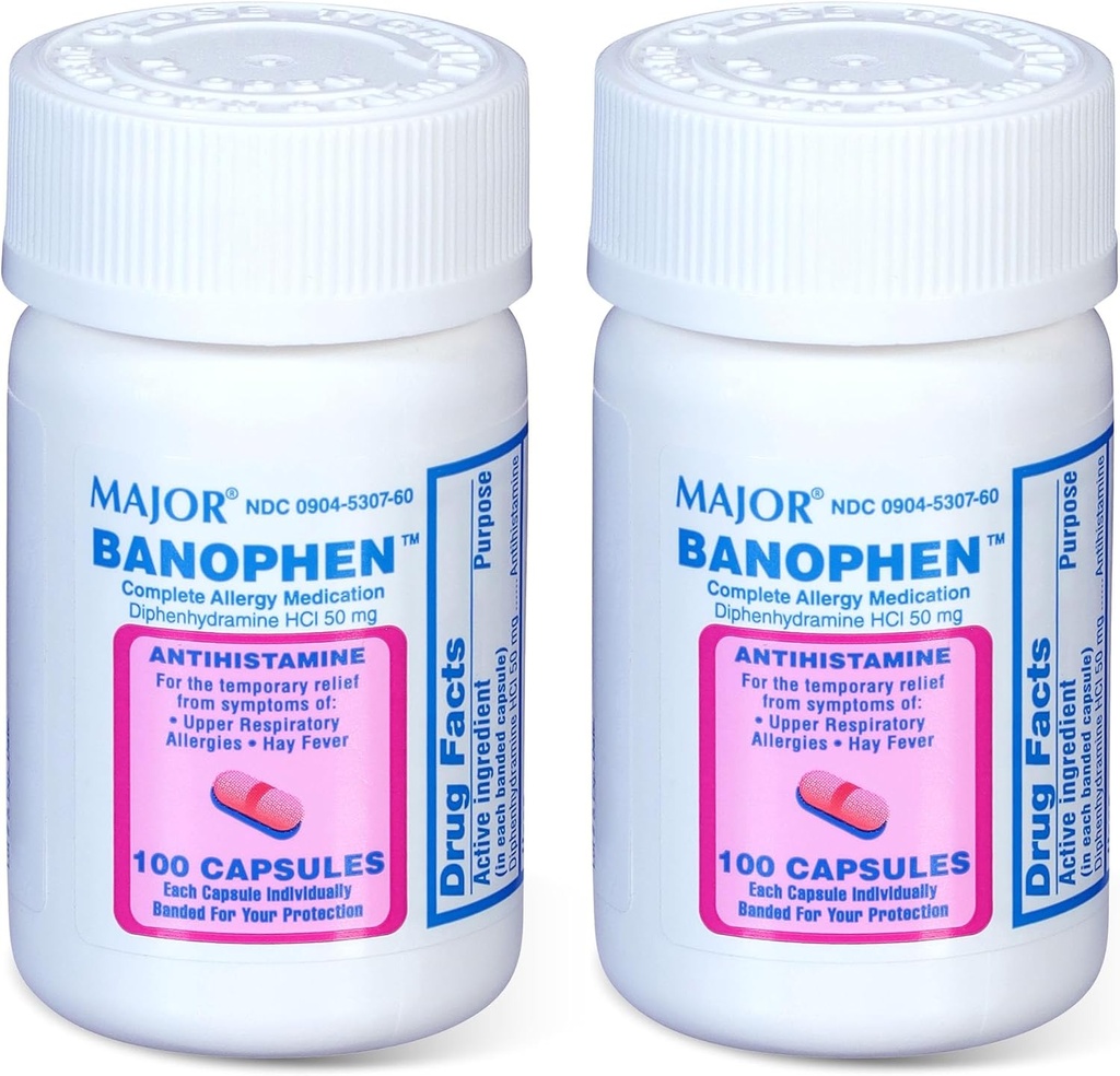 MAJOR Banohpen - Médicaments Allergiques Complètes - Diphénhydramine HCI 50 mg - Antihistamine - 100 Capsules (2 Pack)