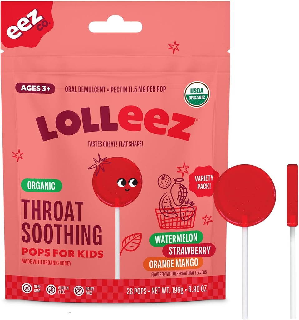 Lollipops biologiques Lolleez pour les enfants Gorge endolorisée, pack de variétés parfait pour adoucir une Gorge endolorisée tout en déguisant grand, fraise, pastèque et mangue orange, 28 comtes