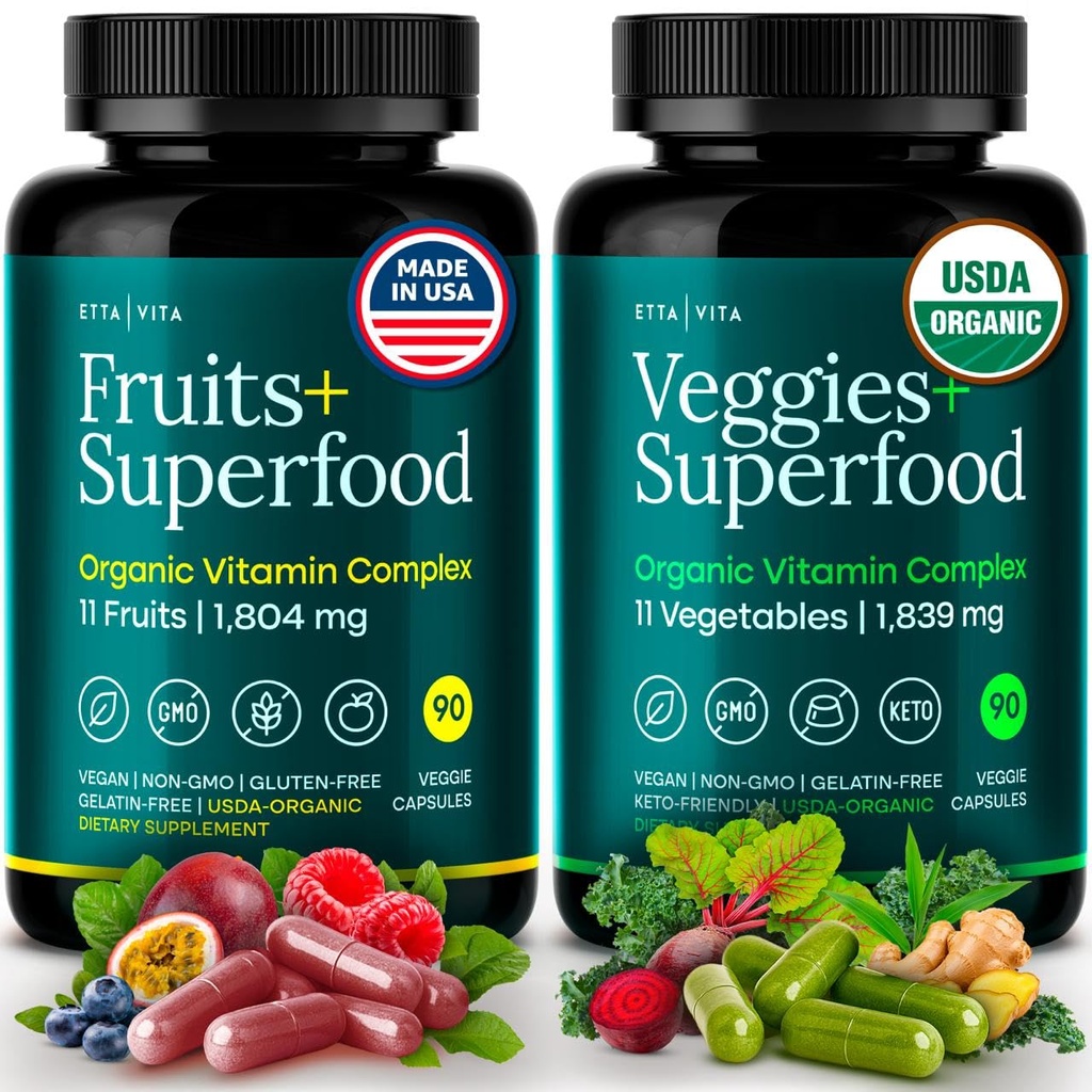 Supplément 100 % de fruits et légumes biologiques (USDA Organic - Made in USA) 180 capsules de fruits et légumes pour stimuler l'énergie et les vitamines quotidiennes de fruits et légumes - végétalien, non OGM, sans gluten