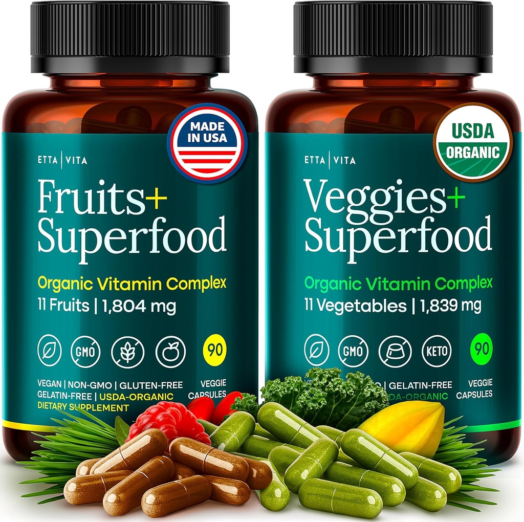 Supplément 100% de fruits et légumes biologiques (USDA Organic - Made in USA) 180 capsules de fruits et légumes pour stimuler l'énergie et les vitamines quotidiennes de fruits et légumes - végétalien, non OGM, sans gluten