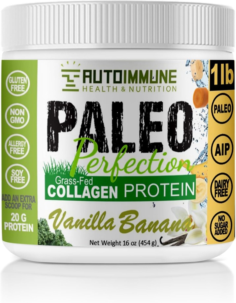 Paleo Perfection Vanilla Banana Poudre de protéines de collagène à l'herbe avec Stevia - Paleo, Keto, SCD, poudre de protéines AIP avec fibre de pomme, carotte et brocoli - 1lb poudre de protéines et mélange de superaliments