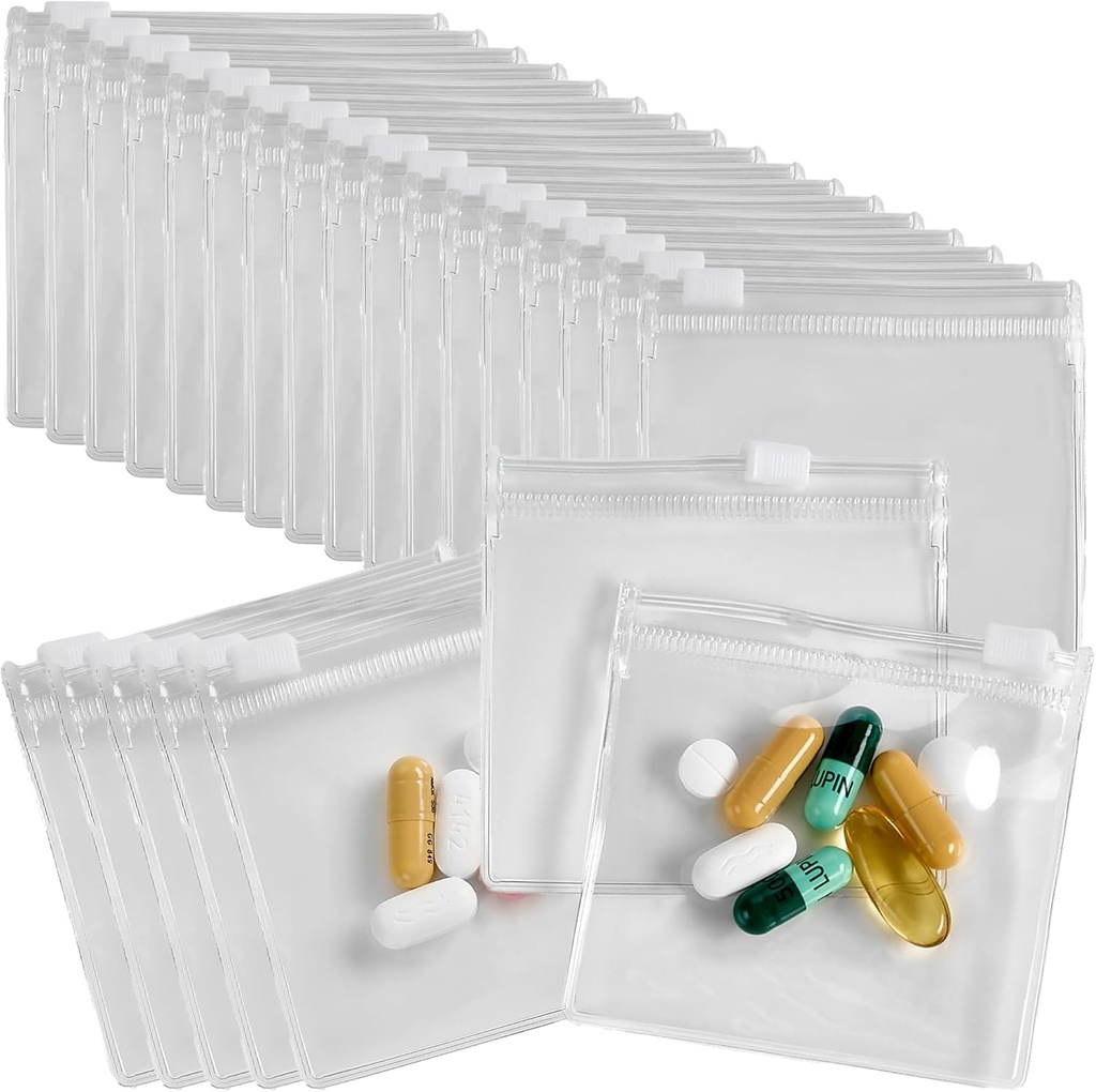 Sacs de poche à pilules zippées - 24 Pcs, Slide Lock Sacs Mini en plastique transparent, sans BPA pour les pilules vitamines, suppléments, médicaments, bijoux, artisanat, petits objets - auto-scellage, réutilisable, voyage-friendly