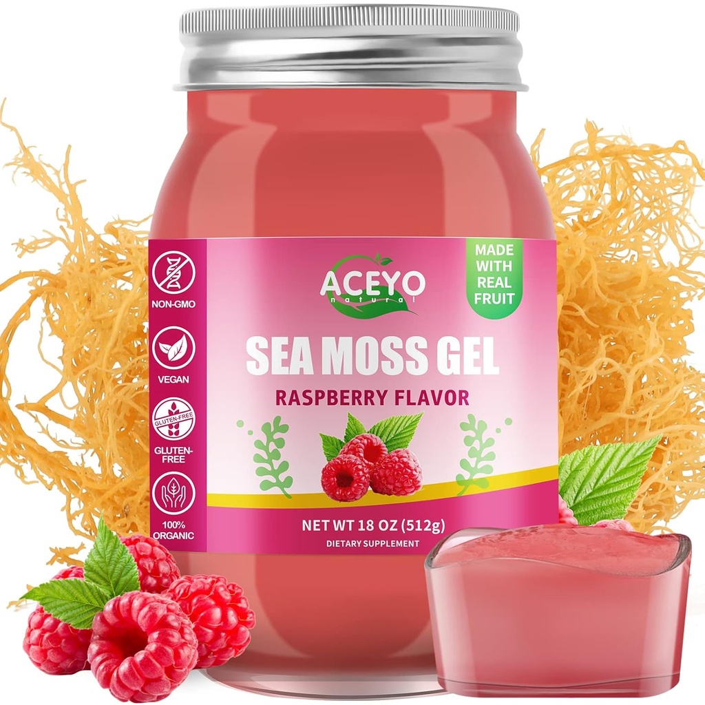 ACEYO (18 OZ) Irish Sea Moss Gel Bio Raw Vegan Raspberry Flavor 102 Vitamines et minéraux Wild Harvested Non-GMO Immune Defense Booster Thyroïde Soutien digestif