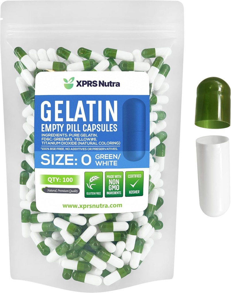 XPRS Nutra Size 0 Empty Capsules - 100 Count Empty Gelatin Capsules - Pills DIY Capsule Filling - Pure Bovine Pill Gel Caps for Do-It-Yourself Supplements (Green/White)