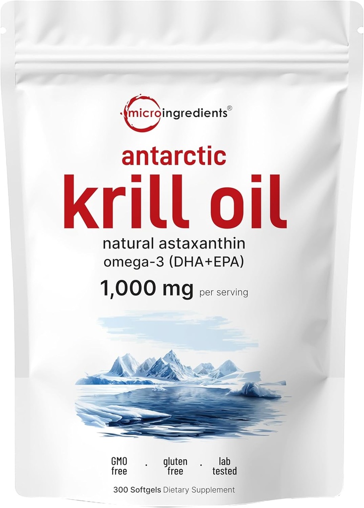 Micro-ingrédients supplément d'huile de krill antarctique avec astaxanthine naturelle, 1000mg par portion, 300 Soft-Gels, riche en Omega-3s EPA & DHA, soutient le système immunitaire et la santé du cerveau, facile à avaler