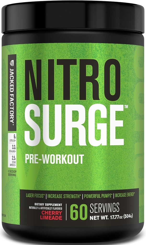 Supplément de pré-entraînement Jacked Factory NITROSURGE - Endless Energy, Instant Strength Gains, Clear Focus, Pompes Intenses - NO Booster & Powerful Preworkout Poudre d'énergie - 60 Servants, Cherry Limeade