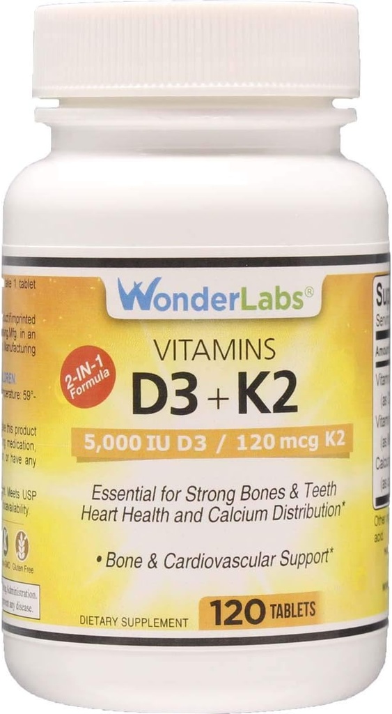 Laboratoires Wonder Vitamine D 5 000 UI, Vitamine D3 + K2 Soutenir un système immunitaire sain, essentiel pour les os forts, la santé cardiaque et la distribution de calcium, 120 comprimés