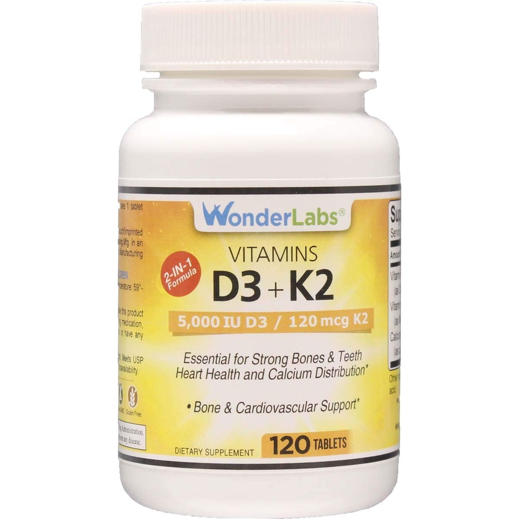 Laboratoires Wonder Vitamine D 5 000 UI, Vitamine D3 + K2 Soutenir un système immunitaire sain, essentiel pour les os forts, la santé cardiaque et la distribution de calcium, 120 comprimés
