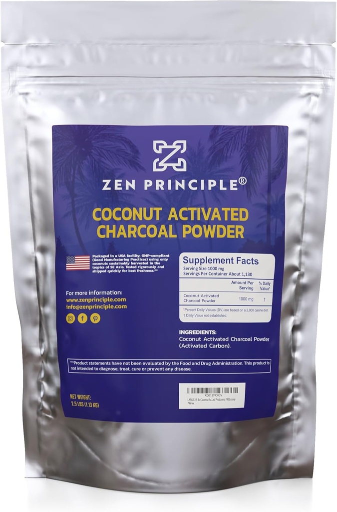 Principe Zen Poudre de charbon activé de coco. Blanchiment des dents, rajeunit la peau et les cheveux, soutient une meilleure digestion. Producteurs américains, 2,5 lb