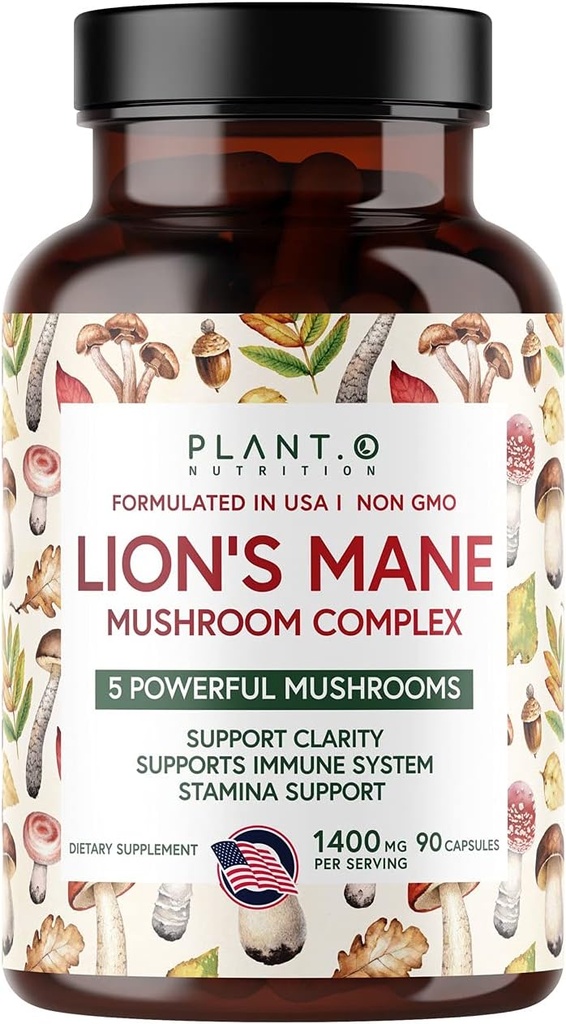 Plant.O Premium Lion's Mane Supplement, All Natural Nootropics Cerveau Supplément, 5 Complexe Champignon – Lion, Reishi, Chaga, Maitake, Shiitake pour l'immunité, Focus, Mood & Memory Boost, 90 Caps