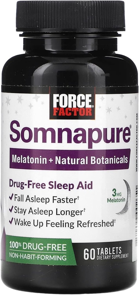 Facteur de force Somnapure Aide au sommeil sans médicament pour les adultes pour l'insomnie occasionnelle avec la mélatonine et la valériane, les pilules de sommeil non-habitantes, l'Asleep d'automne plus rapide, réveil rafraîchi, 60 comprimés