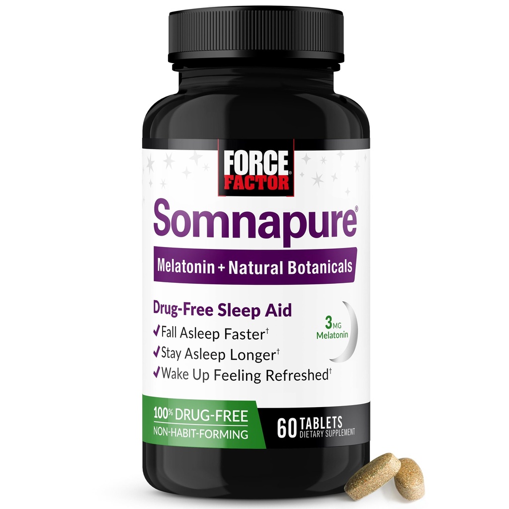 Facteur de force Somnapure Aide au sommeil sans médicament pour les adultes pour l'insomnie occasionnelle avec la mélatonine et la valériane, les pilules de sommeil non-habitantes, l'Asleep d'automne plus rapide, réveil rafraîchi, 60 comprimés