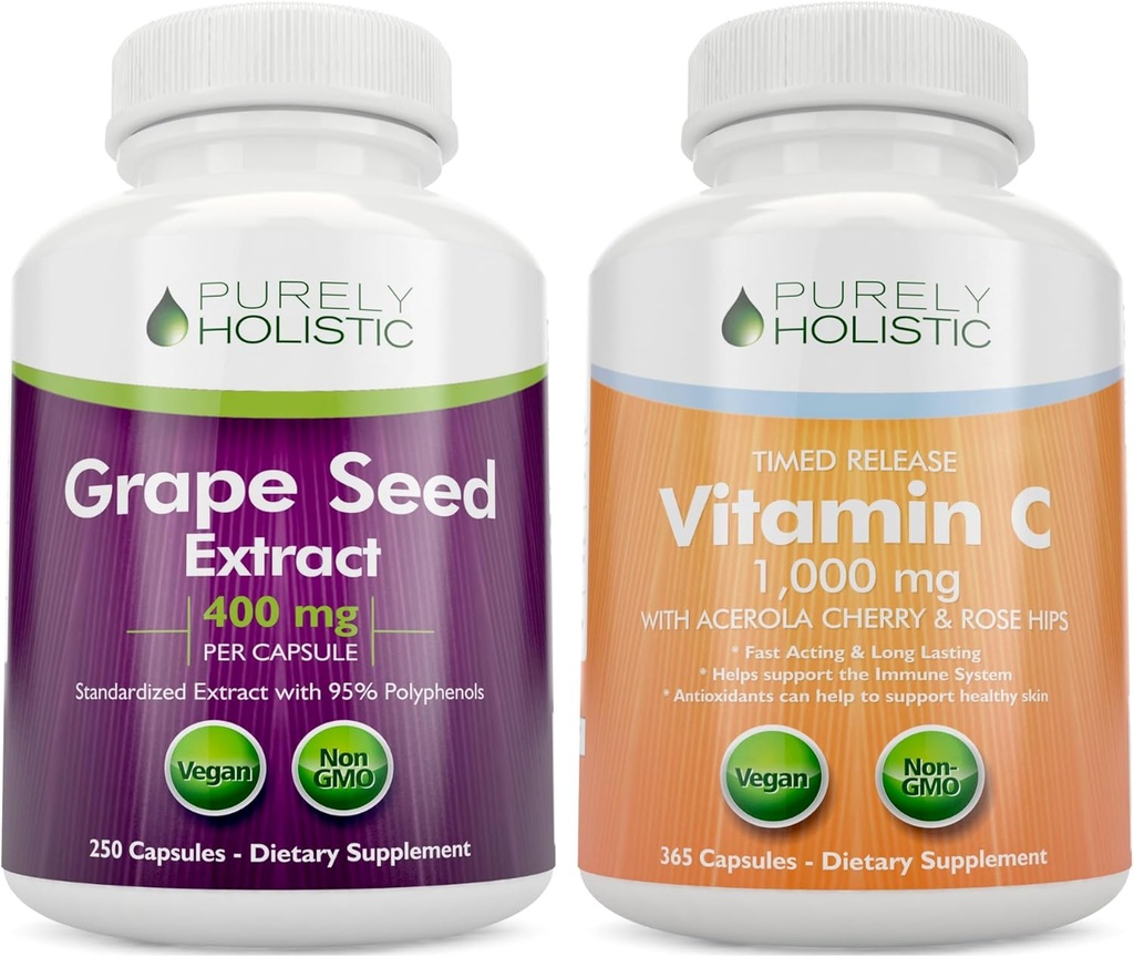 Extrait purement holistique de graines de raisin 400mg + vitamine C 1000mg temps de libération - 615 Capsules végétaliennes - Fabriqué aux États-Unis