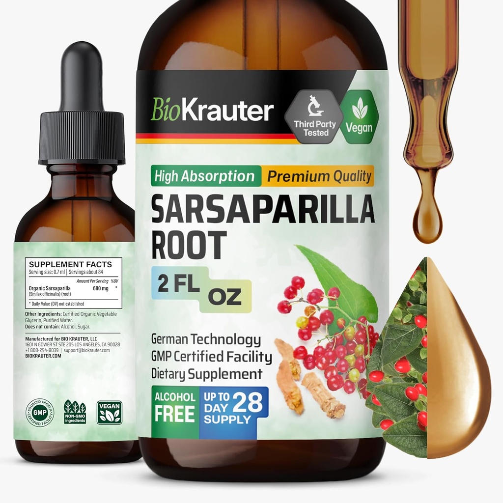 BIO KRAUTER Sarsaparilla Teinture racine - supplément d'extrait liquide à base de plantes pour le foie - sans alcool et sans sucre gouttes de végétalien 2 Fl.Oz.