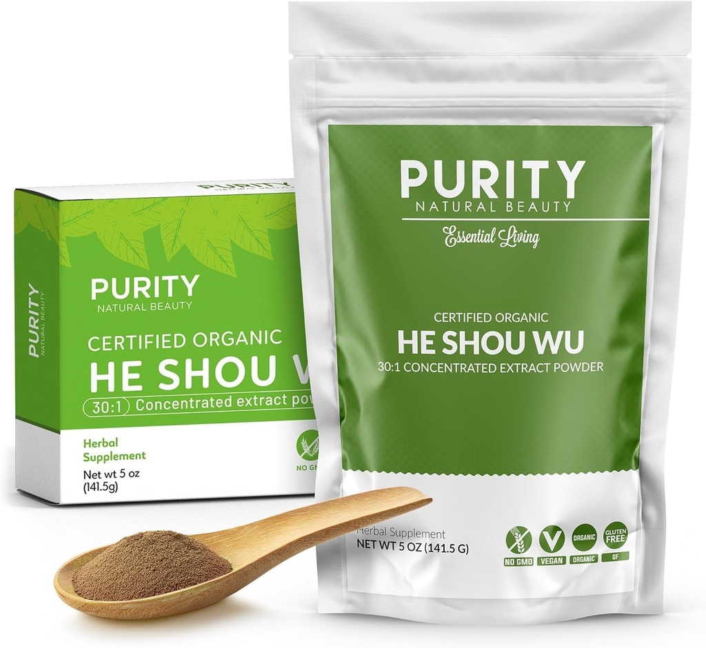 Certified Organic He Shou Wu - Grand sac de 5oz de 30:1 Concentré-Fo-ti - Extrait de foti biologique- Fo ti He Shou Wu Organic-Plus Spoon de bambou gratuit