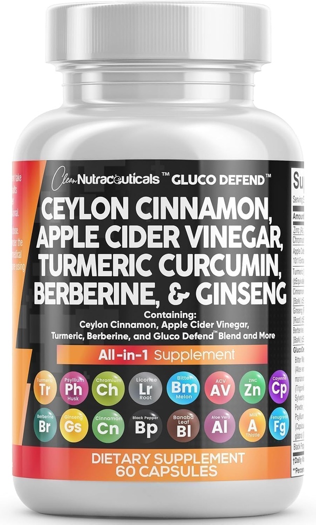Nettoyer les nutraceutiques Ceylan Cinnamon Capsules + Berberine Curcuma Cider Vinegar Ginseng Bitter Melon Gymnema Lait Thistle Fenugreek Supplément Pills Poudre pour hommes et femmes