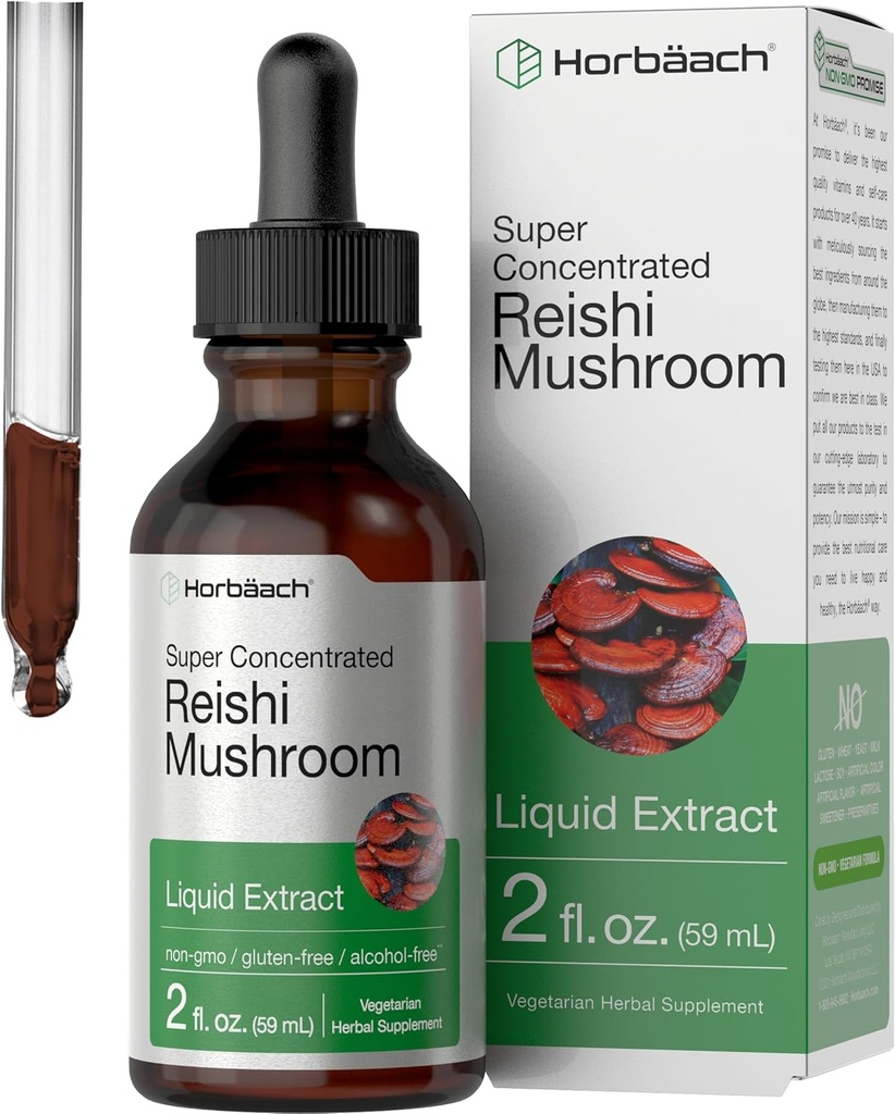 Horbäach Reishi Extrait de champignons Teinture de 2 fl Oz de gouttes liquides Ganoderma Lucidum de Ganoderma, Végétarien, Sans alcool, Supplément sans gluten