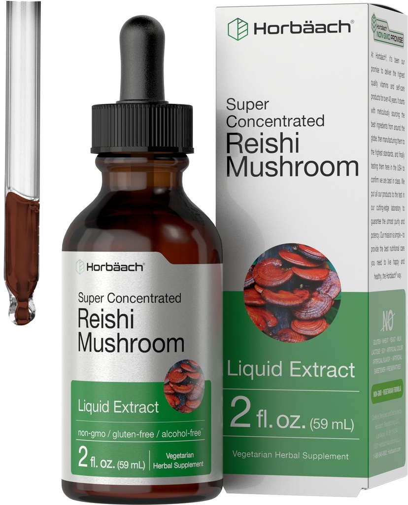 Horbäach Reishi Extrait de champignons Teinture de 2 fl Oz de gouttes liquides Ganoderma Lucidum de Ganoderma, Végétarien, Sans alcool, Supplément sans gluten