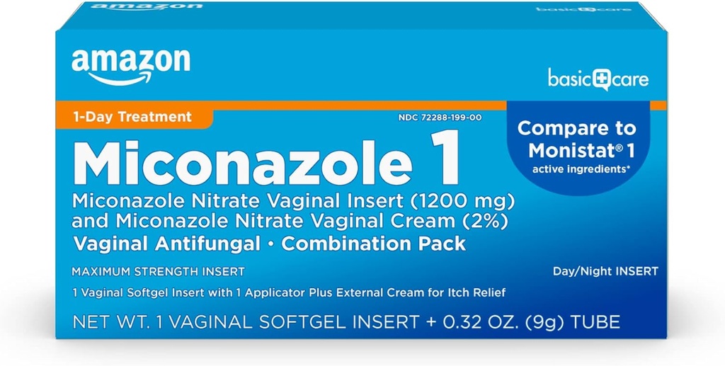 Soins de base Nitrate de Miconazole Insert vaginal 1200 mg et Crème de Nitrate de Miconazole 2 Infection de levure vaginale combinée, Blanc, 0.32 Ounce (paquet de ), 1 Compte