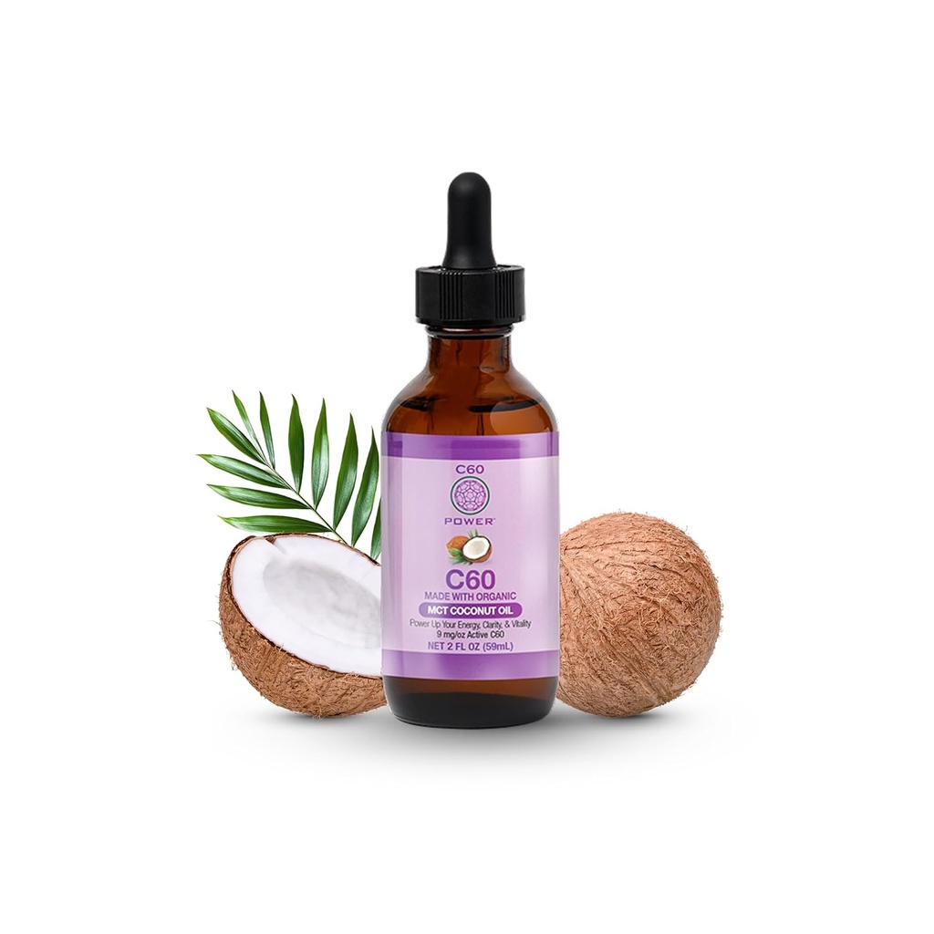 C60 Puissance - MCT 2 oz.- Huile de coco MCT biologique, 2 fl Oz, 99,99 % Fullérènes au carbone pur, charge oxydative de levage, fonction Mitochondriale optimisée