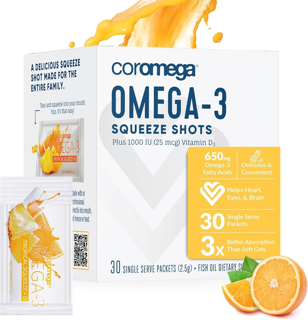 Supplément à l'huile de poisson Coromega Omega 3 avec supplément de vitamine D3, 650mg de Omega-3s avec 3X meilleure absorption que les softgels, saveur orange tropicale, 30 paquets de squeeze à usage unique