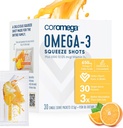 Supplément à l'huile de poisson Coromega Omega 3 avec supplément de vitamine D3, 650mg de Omega-3s avec 3X meilleure absorption que les softgels, saveur orange tropicale, 30 paquets de squeeze à usage unique