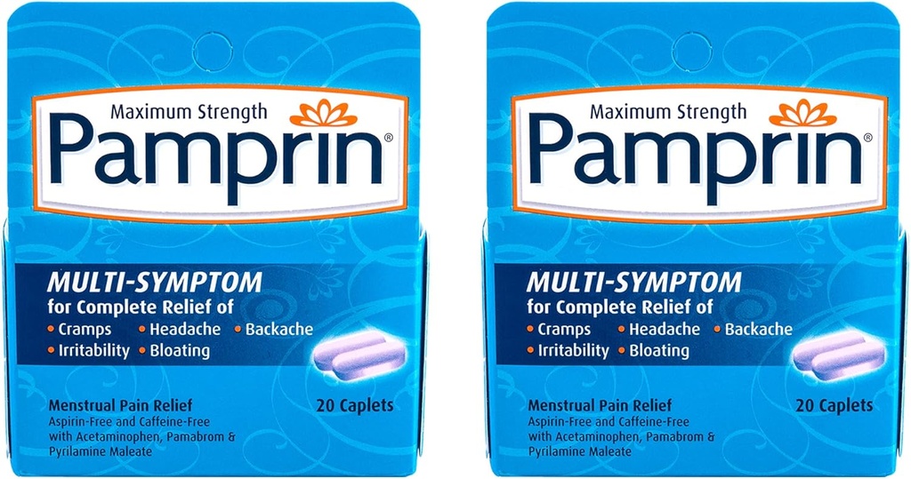 Formule multisymptômes de la pamprine, avec acétaminophène, soulagement des symptômes de la période menstruelle incluant les crampes, la douleur, l'irritabilité et le gonflement, 20 capsules (paquet de 2)