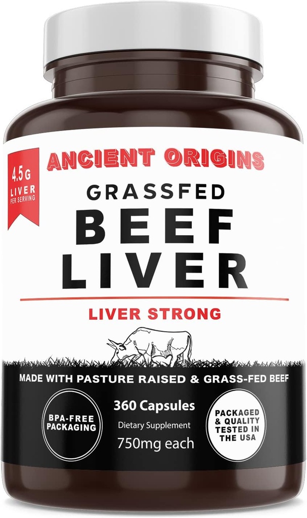 Origines anciennes Foie d'herbe Foie de boeuf de deux mois, soutient la production d'énergie, nettoyage, digestion, immunité et plein bien-être corporel, non OGM, supplément de foie séché gelé, 360 capsules