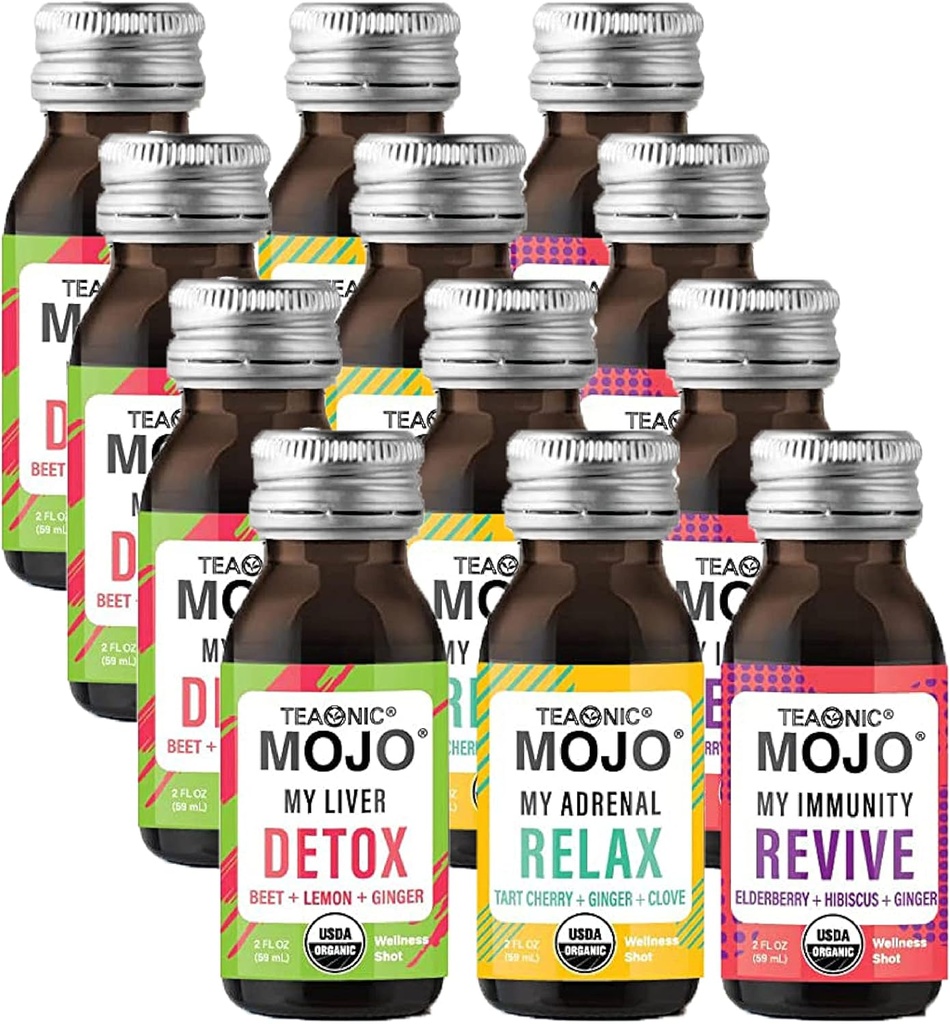 TEAONIC Wellness Shots - Lot de variétés: Relax, Revive, Detox Shots, USDA-Certified Organic Wellness Shots, 12 Pack, 2 Fl. Oz Chaque