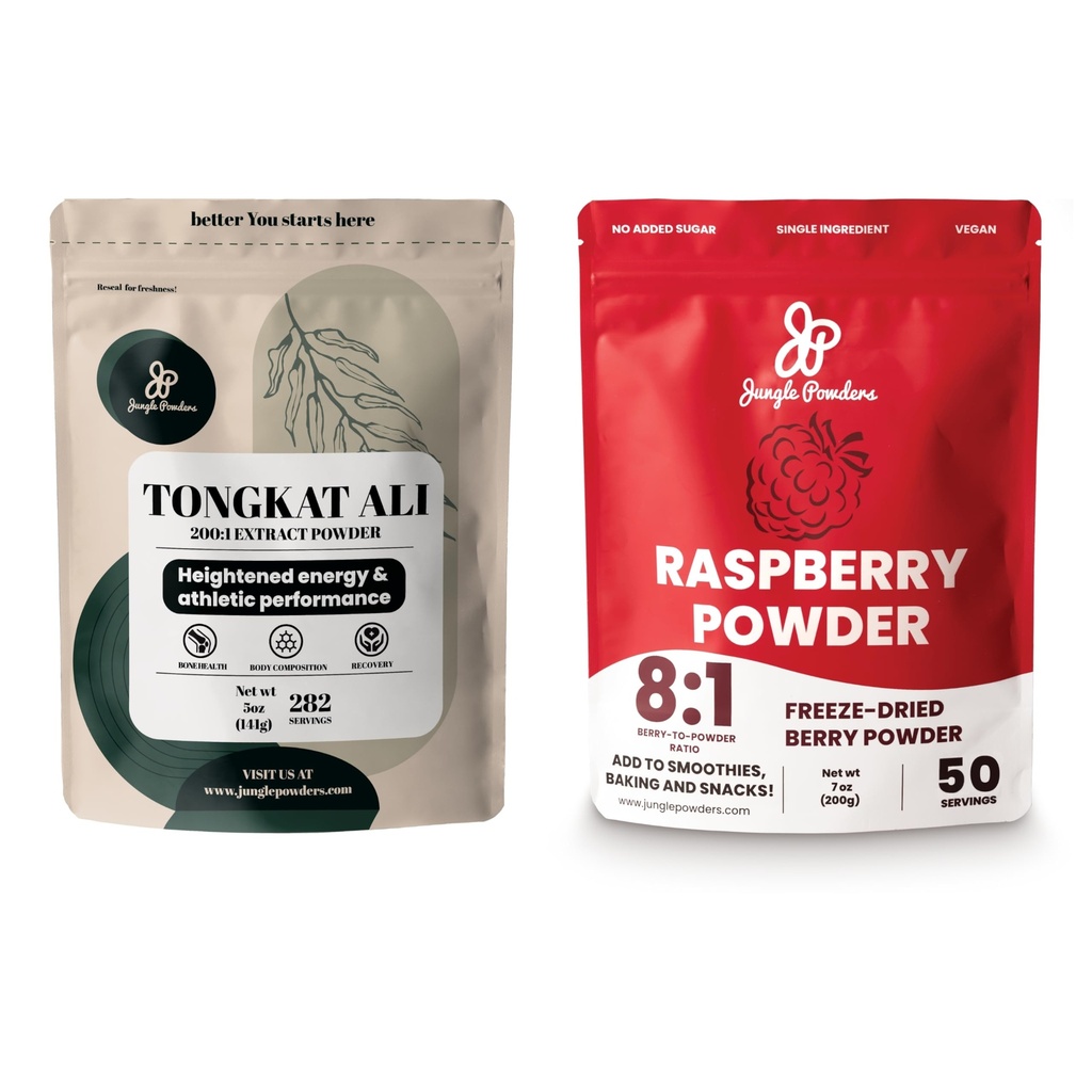 Poudres de Jungle Premium 5oz Tongkat Ali & Freeze-Dried 7oz Raspberry Bundle - Eurycoma Longifolia Supplément de poudre pour le soutien de la santé des hommes jumelé avec l'extrait de superfood rouge non sucré pour la cuisson