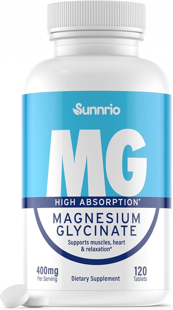 Supplément de glycinate de magnésium - 400mg par portion - Absorption élevée, soutient les muscles, la santé cardiaque, le sommeil et la relaxation* - Non-OGM, sans gluten, végan-friendly - 120 comprimés