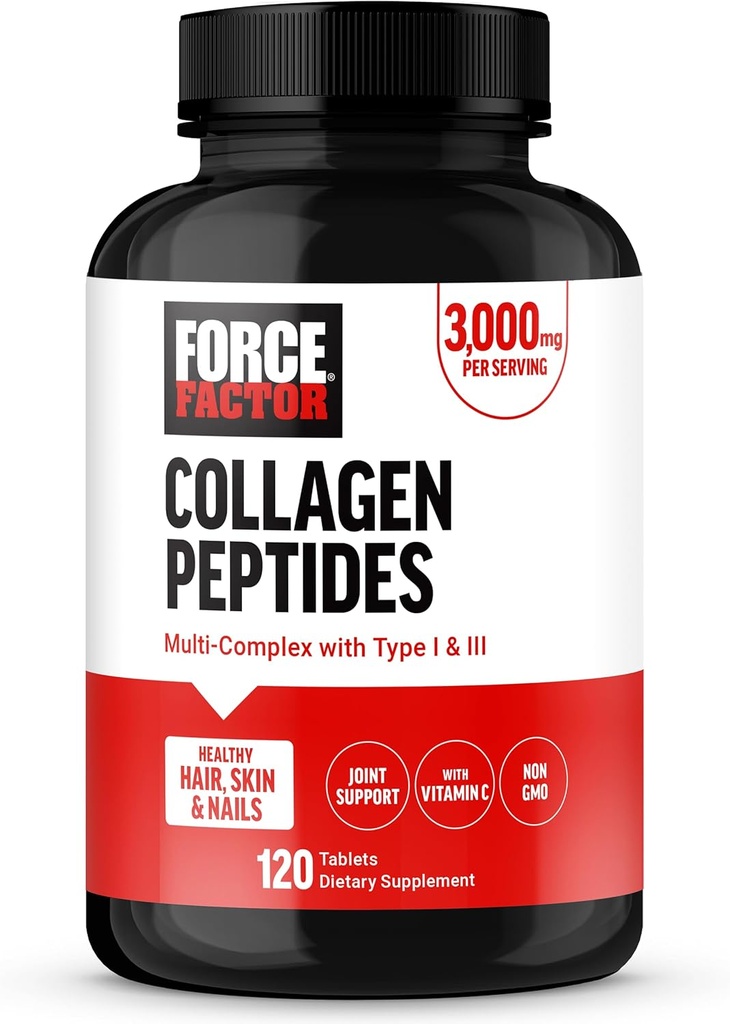 FORCE FACTOR Collagen Peptides, Collagen pour femmes et hommes fabriqués avec du collagène bovin hydrolysé de type 1 et 3 pour cheveux, peau, ongles et articulations sains, qualité premium, sans OGM, 120 pilules collagènes