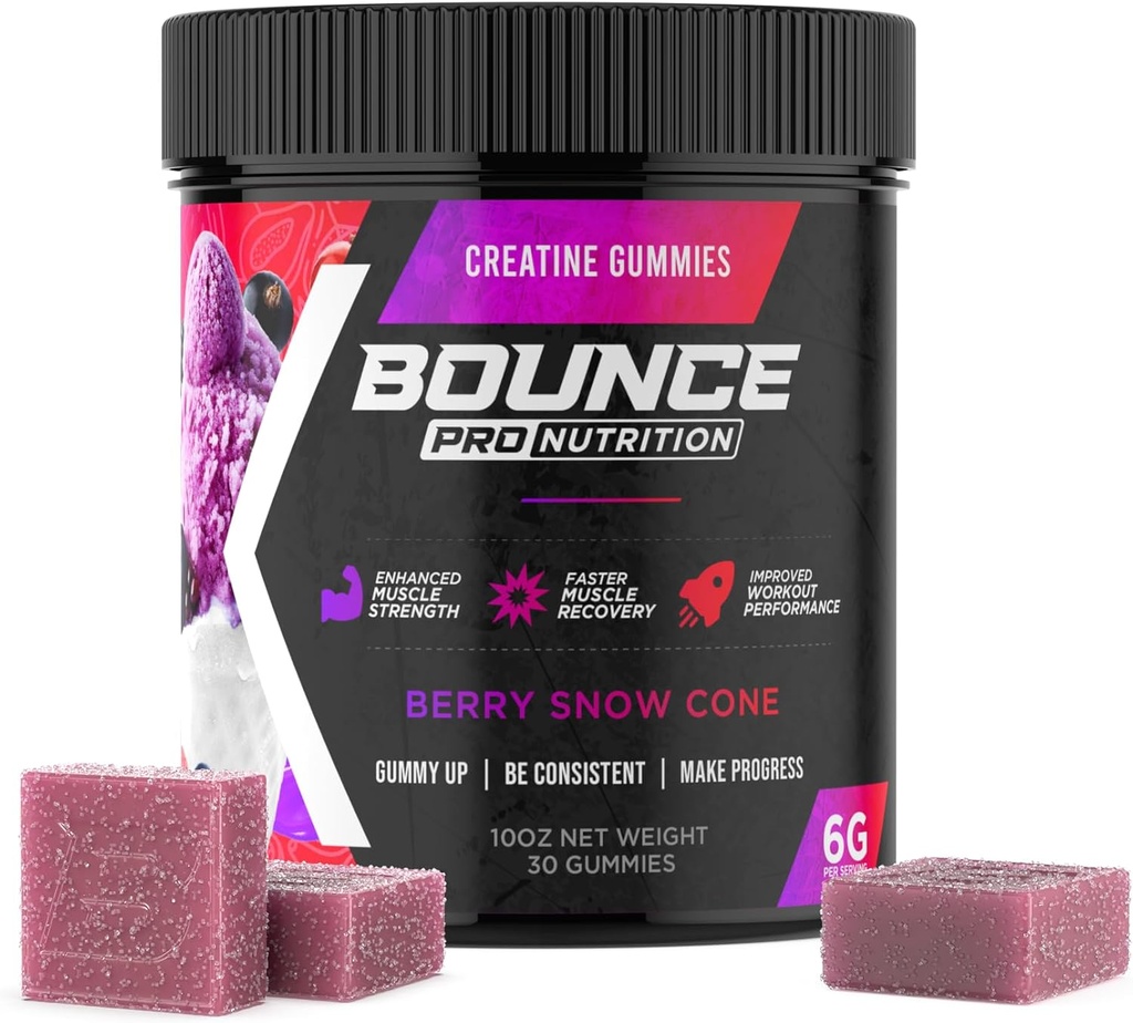 Bounce Pro Creatine Monohydrate Gommies pour hommes et femmes, Basse Calorie, 6G de créatine par portion, Vegan, Anti-Melting, Sans gluten, Non-OGM, 2g de créatine par Gummy (30ct, Berry Snow Cone)