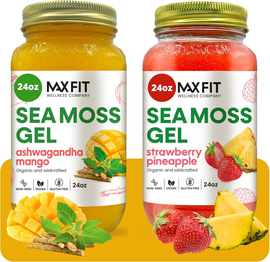 Gel de mousse de mer brut biologique (Bundle of 2 Jars 24oz) Ashwagandha Mangue et ananas fraise Wildсrafted Gold Gel de mousse de mer , 92 vitamines et minéraux , Pure Raw+Non-GMO , Superfood végétalien