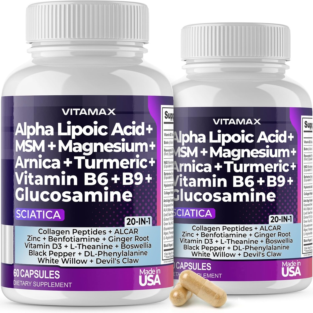 Sciatica Nerve Health Support - Sciatic Nerve Supplément Capsules avec acide folique, pois, glucosamine, MSM, complexe de vitamine B, acide alpha lipoïque 300mg - Fabriqué aux États-Unis (60 Nombre (Paquet de 2))