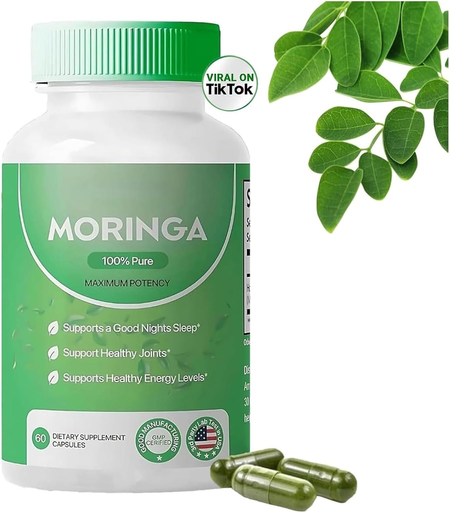 Pure Moringa Powder Capsules - 800mg, Antioxydant Superfood pour l'énergie, la santé de la peau et le soutien de la gorgée - Riche en vitamines essentielles et acides aminés - naturel, non-OGM, 60 capsules (1)