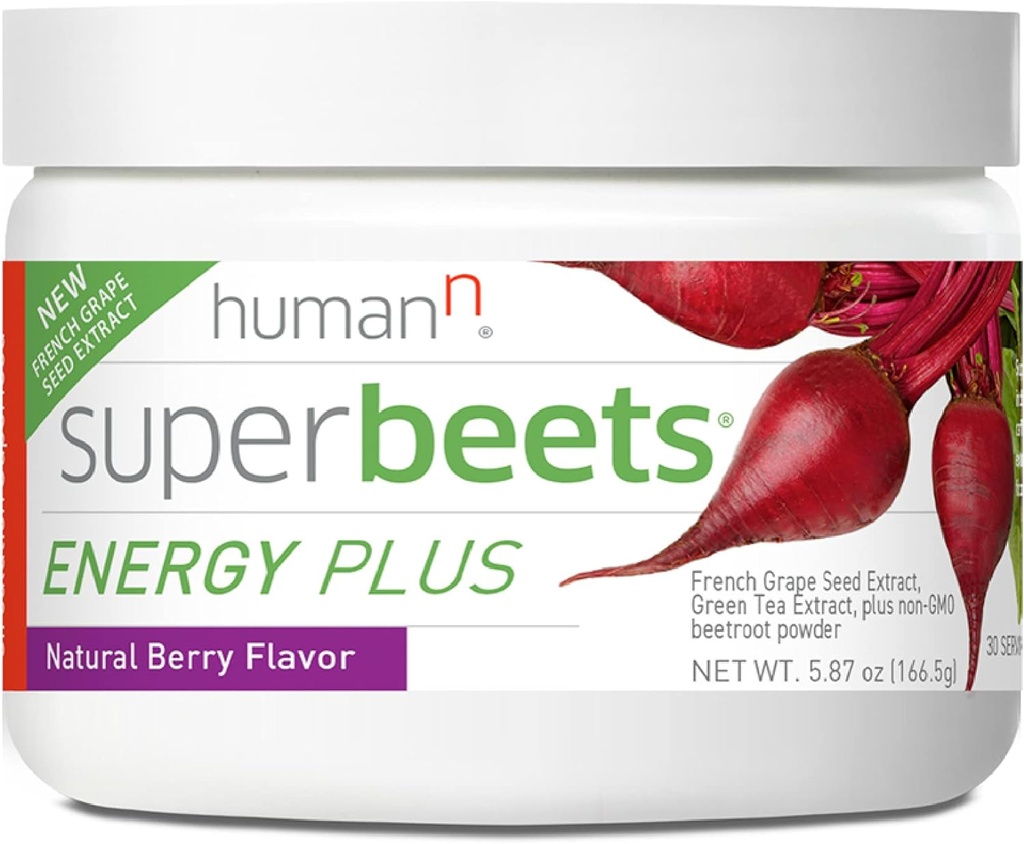 HumanN SuperBeets Energy Plus avec extrait de graines de raisin - poudre de racine de betterave, extrait de thé vert, caféine, vitamine C, non-OGM, 5,87oz