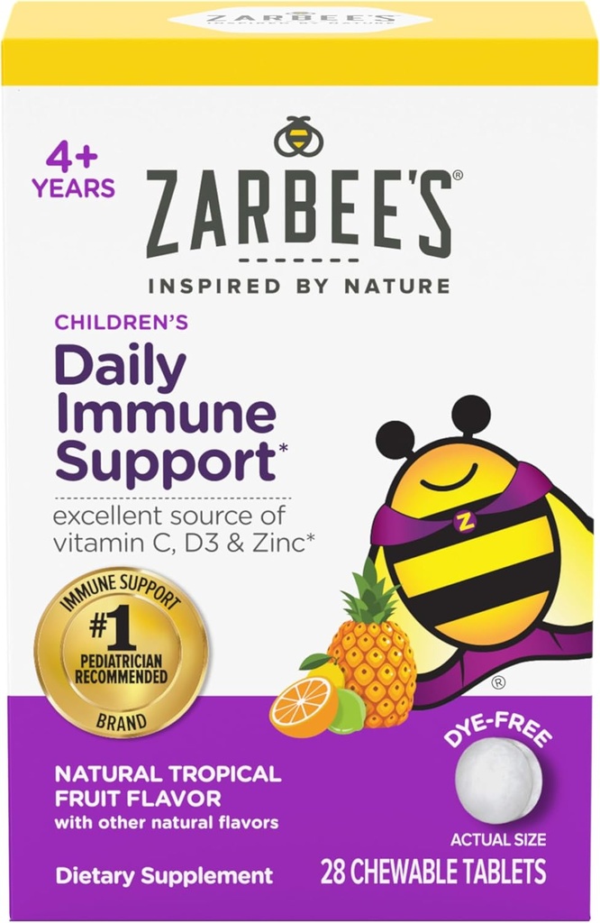 Support immunitaire pour enfants de Zarbee, Vitamine C, D & Zinc Vitamines quotidiennes pour enfants de 4 ans et plus, Saveur naturelle de fruits tropicaux, 28 comprimés à croquer