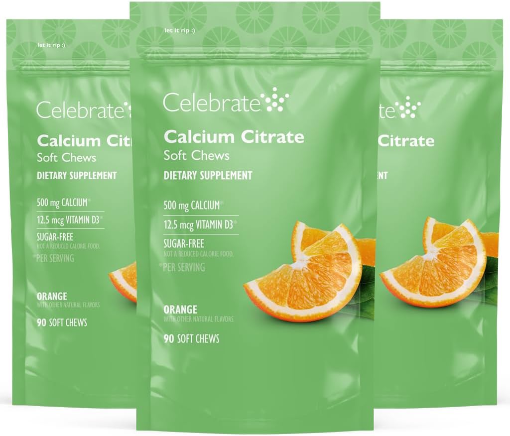 Célébrez les vitamines Bariatric 500mg Citrate de calcium Chews doux avec 500 UI Vitamine D3 – Essentiel pour les patients de passage gastrique et santé des os - sans sucre et sans gluten, orange (270 Chews)