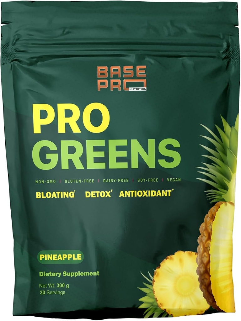 Poudre Pro Greens – Arôme d'ananas Supplément Vegan Daily Greens Détox, Digestive & Immunissance Support , Non-OGM, Antioxydants , 300g (30 portions)