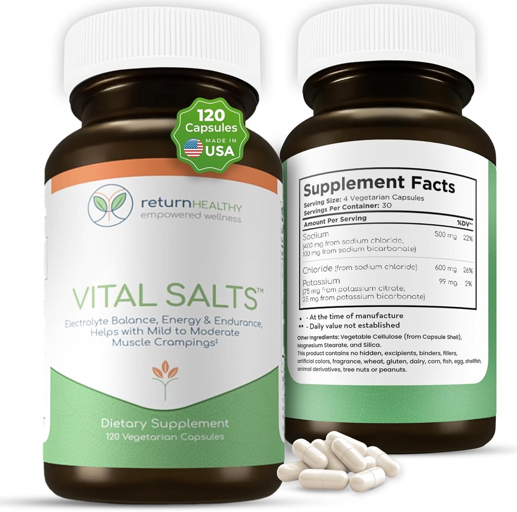 Sels vitaux, Sels d'électrolyte pour l'énergie et l'endurance, Chlorure de sodium, Suppléments d'électrolyte, Supplément de soutien de la pression artérielle, Relief des crampes musculaires, 120 Capsules de sel - Retour santé