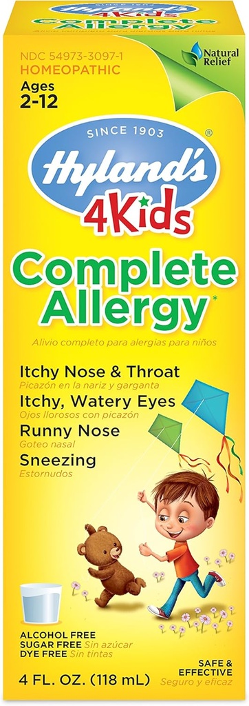 Hyland's Kids Allergy Medicine by 4Kids Non Drowsy Childrens Sirop anti-allergie complet sûr et naturel pour l'emballage intérieur extérieur Mai Vary, One Color, 4 Fl Oz