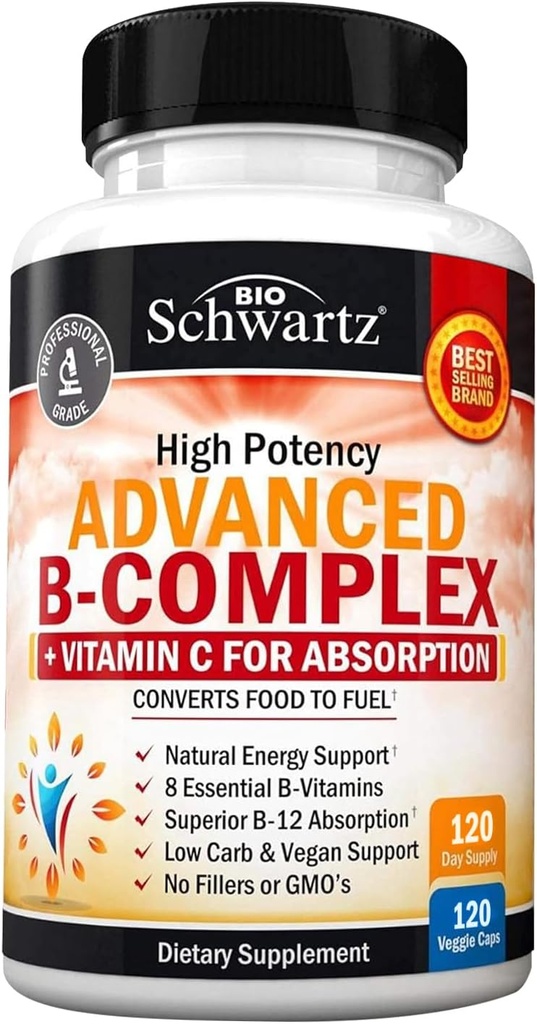 Complexe de vitamine B avec vitamine C pour absorption maximale - méthylcobalamine b12 et supplément d'acide folique folate - B1 B2 B3 B5 B6 B7 B9 pour l'énergie immunitaire et le système nerveux - non-OGM, 120 nombre