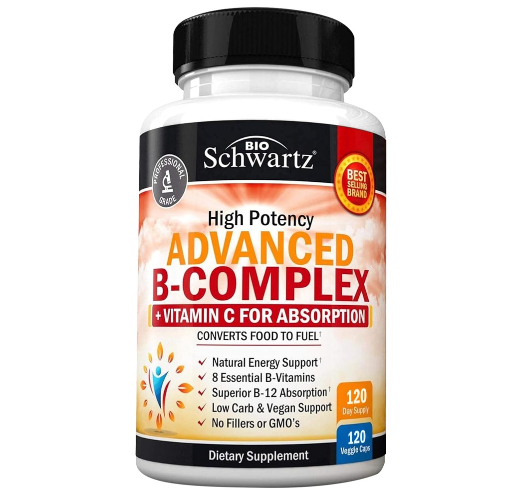 Complexe de vitamine B avec vitamine C pour absorption maximale - méthylcobalamine b12 et supplément d'acide folique folate - B1 B2 B3 B5 B6 B7 B9 pour l'énergie immunitaire et le système nerveux - non-OGM, 120 nombre