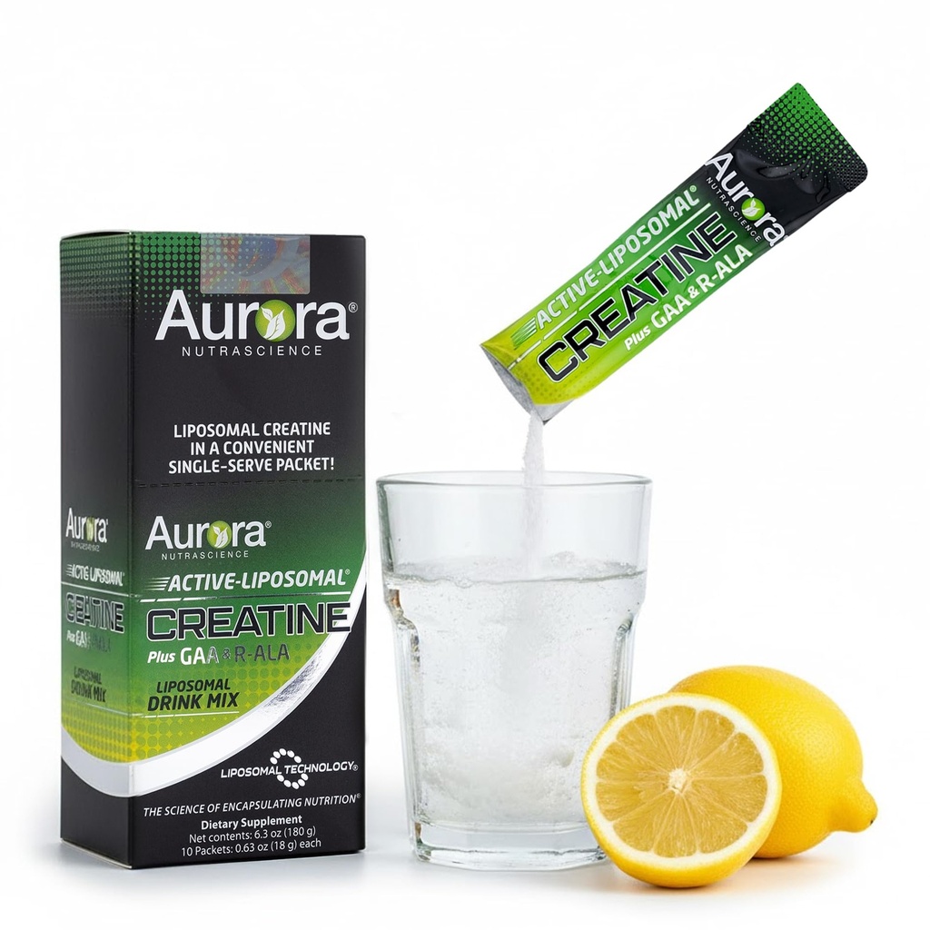 Aurora Nutrascience La créatine liposomique + GAA et R-ALA Lemon Lime Powder Drink Mix, énergie accrue, soutient la performance de l'exercice et la croissance musculaire pour les hommes et les wowen, 10 paquets
